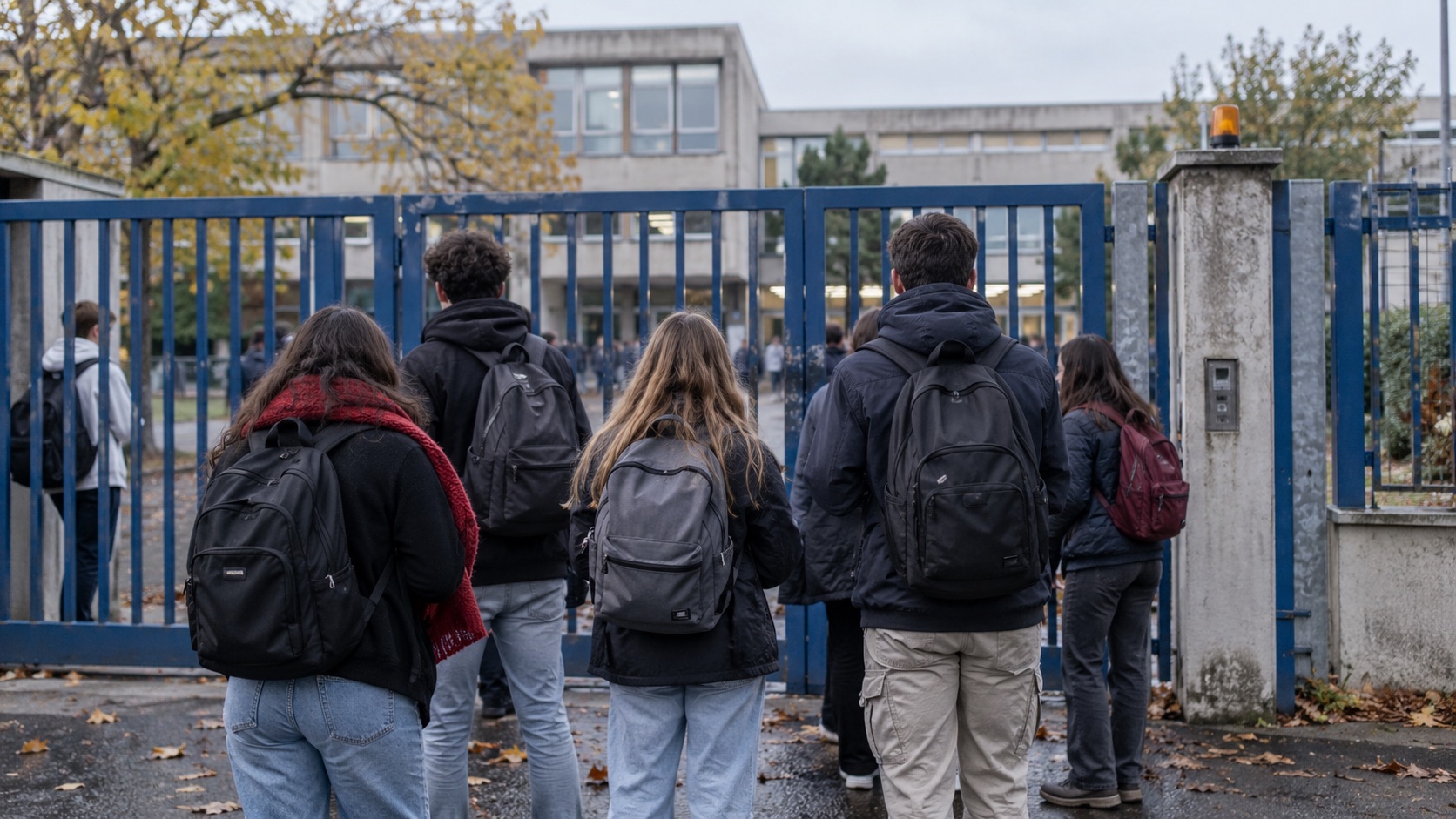 Illustration : des élèves vus de dos devant une grille de lycée.